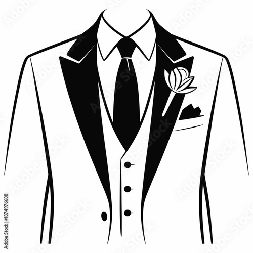 A black and white illustration depicts a formal suit jacket with a tie and flower