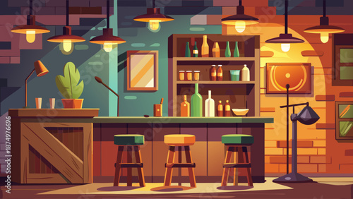 A cartoonish drawing of a bar with a green plant in the foreground. The bar has a green stool and a green chair. There are several bottles on the bar, and a bowl is on the counter