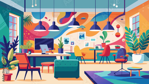 A colorful room with a lot of plants and a desk with a laptop. The room has a modern and creative vibe