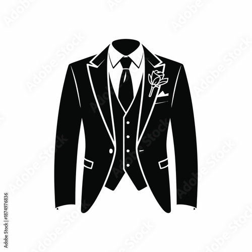 A stylish black suit illustration with a vest tie and rose indicating formal attire