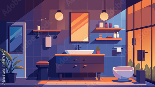 A bathroom with a sink, toilet, and bathtub. The bathroom is decorated with a potted plant and a mirror. The bathroom is designed to be modern and stylish