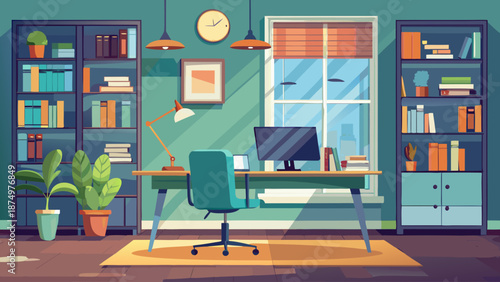A clean and organized office space with a desk, chair, and computer. The room is filled with bookshelves and a potted plant. The clock on the wall shows the time as 10:30