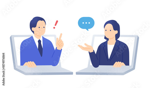 オンライン相談。アドバイスで課題解決。声をかける女性とひらめく男性のイラスト素材。