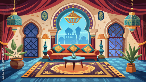 A room with a couch, a table, and a potted plant. The room is decorated with red curtains and has a blue carpet