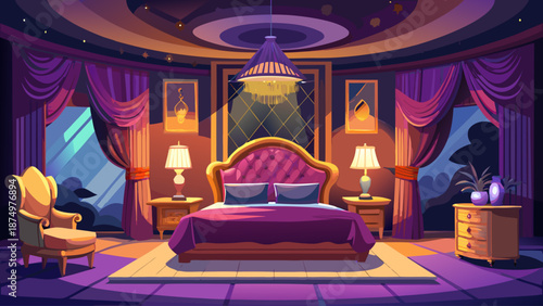 A bedroom with a purple bed, a chair, a nightstand, and a lamp. The room is dimly lit, creating a cozy and intimate atmosphere