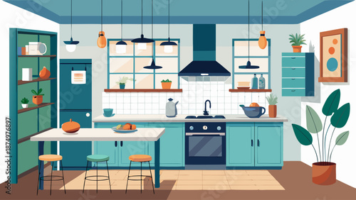 A kitchen with a blue countertop and blue cabinets. There is a sink, oven, and refrigerator. A potted plant is on the counter