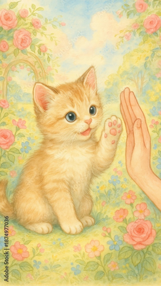 Naklejka premium Cute kitten in floral garden mobile wallpaper