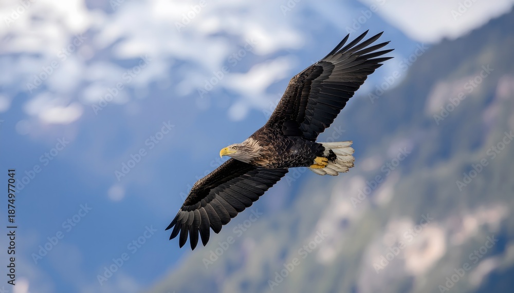 Obraz premium Majestic white-tailed eagle soaring through the bright blue sky with its wings spread wide, showcasing its powerful flight and impressive size against a backdrop of distant mountains and soft clouds.