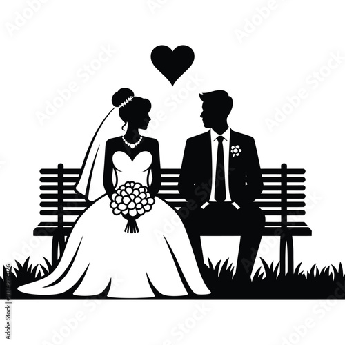 A silhouette of a newlywed couple seated on a park bench with a heart above them