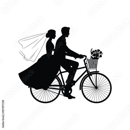 A newlywed couple joyfully rides away on a bicycle symbolizing their shared journey together