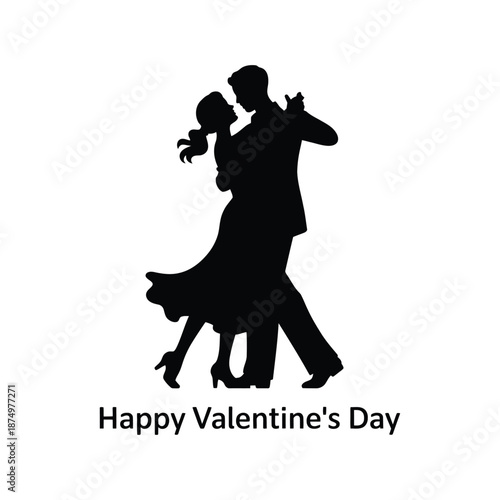 A striking silhouette of a couple embracing while ballroom dancing with valentine s day text