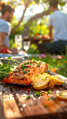 Grilled salmon dish with lemons on wooden board, outdoor dining scene