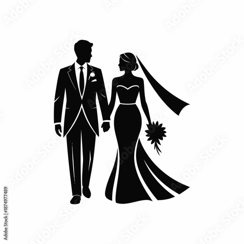 A silhouetted depiction of a bride and groom walking hand in hand symbolizing love and commitment