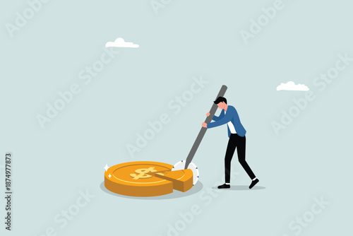 Money management, financial planning or wealth management, tax payments, loans or debts, the concept of inflation, a businessman using a pizza cutter to cut a gold dollar coin.