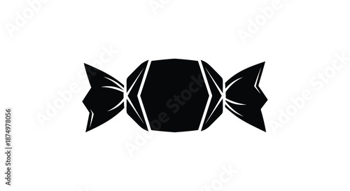 A strikingly simple black and white illustration of a wrapped candy a bold silhouette