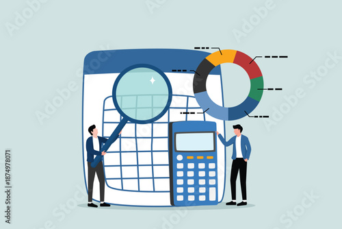 Accounting and financial audits, calculating budgets, profit and loss, creating report graphs from data, professional concepts, business accountants with calculators, spreadsheets for creating reports