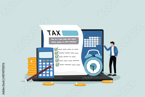 Online tax payments via laptop computer, the concept of financial obligations, entrepreneurs regarding tax calculation payments with calendar dates using laptop computers.