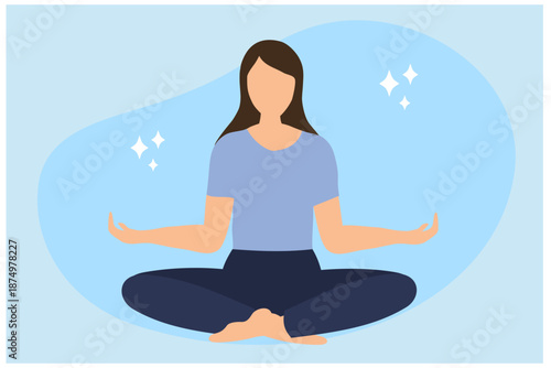 woman meditating and sits in lotus position. Relax, calmness and concentration vector illustration