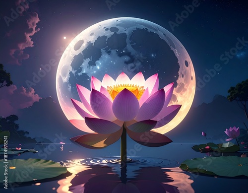Illuminated lotus flower in serene water, moonlit night