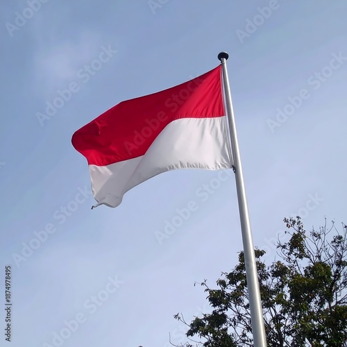 Indonesian flag waving in a clear, blue sky, mounted on a pole