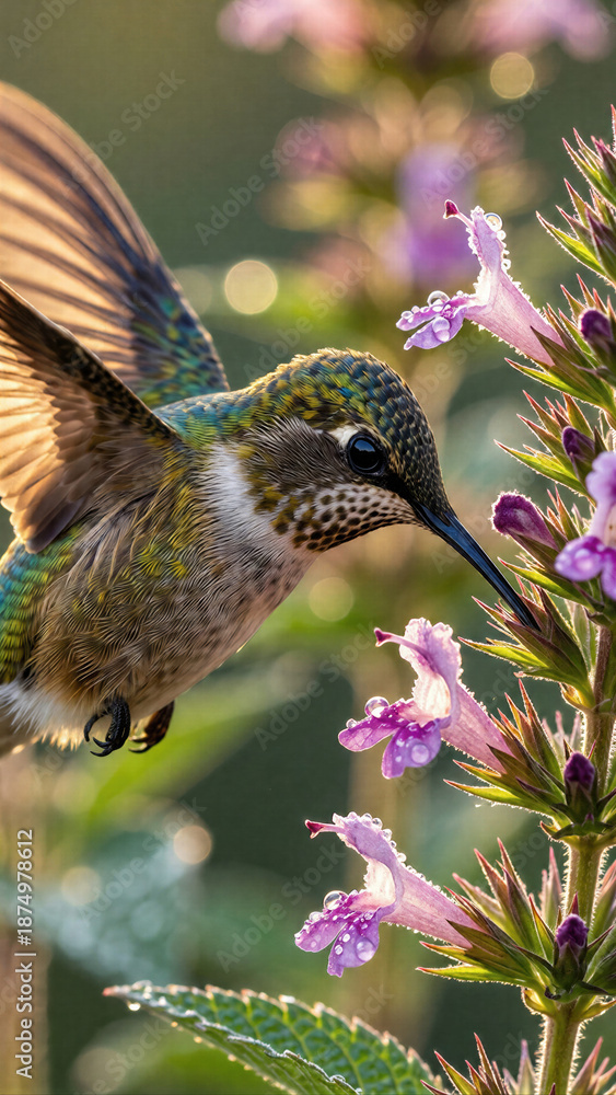 Fototapeta premium Close-up view of a green hummingbird hovering near bright purple flowers, capturing the intricate details of its feathers and the sparkle in its eye while feeding.