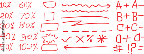 A collection of red hand drawn educational symbols and grades on a white background