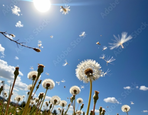 Floating Dandelion Seeds Under Sunny