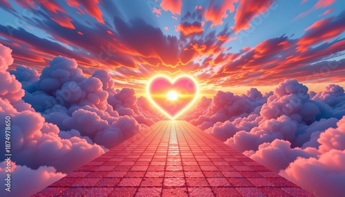 Glowing Heart Portal Amidst Vibrant Sunset