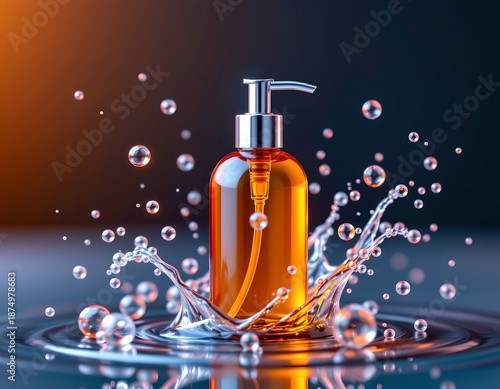 Amber Glass Pump Dispenser Floating Amid Soap