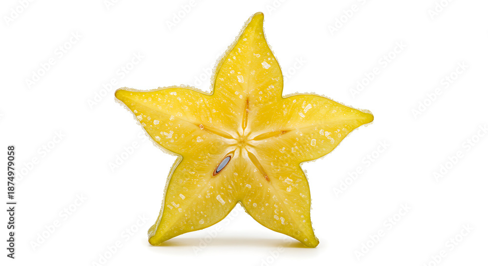 Fototapeta premium Dew-Kissed Star Fruit Slice, Vibrant Yellow, Isolated White Background