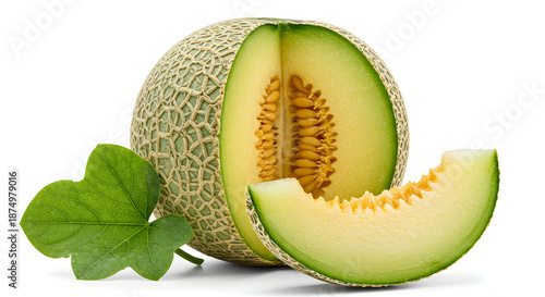 Cantaloupe Still Life: Sliced Melon with Seeds and Leaf on White Background