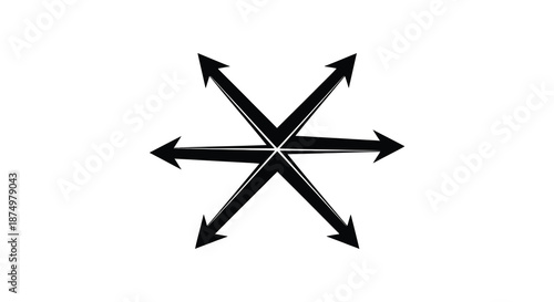 A striking black graphic of arrows pointing outwards in all directions a bold silhouette