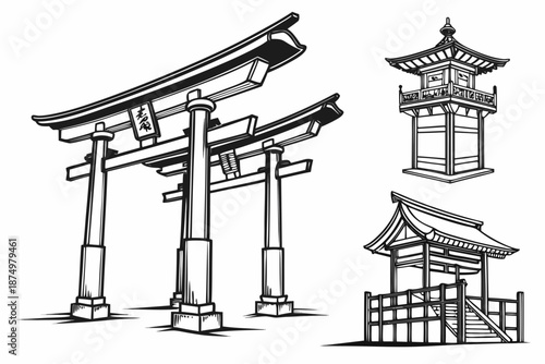 Traditional japanese architectural structures isolated on white background, Vector