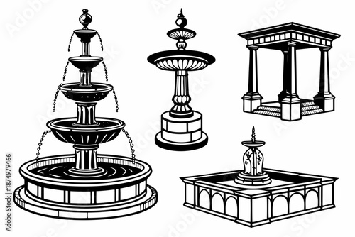 Various architectural fountains isolated on white background, Vector