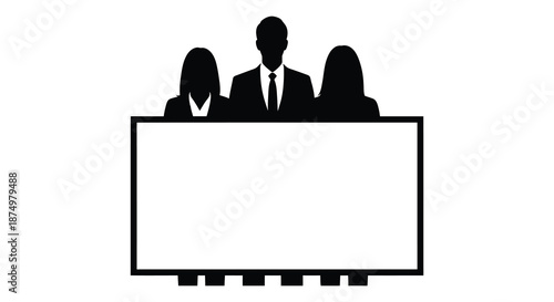 a black and white image depicting three people behind a rectangular screen a stark silhouette
