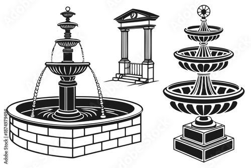 Classic fountain designs isolated on white background, Vector