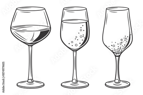 Three wine glasses with different contents isolated on white background, Vector