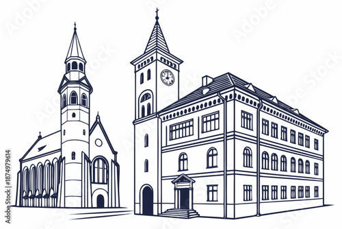 Historic church and clock tower isolated on white background, Vector