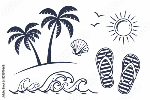 Tropical beach scene isolated on white background, Vector