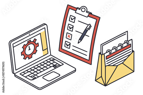 Organizing tasks with technology and paperwork isolated on white background, Vector