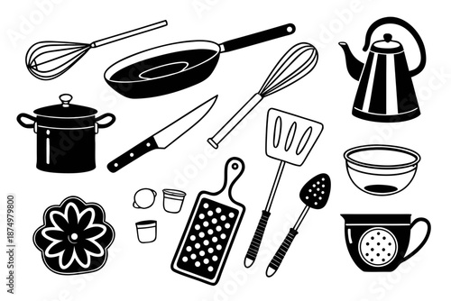 Essential kitchen utensils and tools isolated on white background, Vector