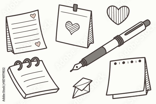 Assorted writing tools and notes isolated on white background, Vector