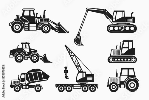 Collection of construction vehicles isolated on white background, Vector