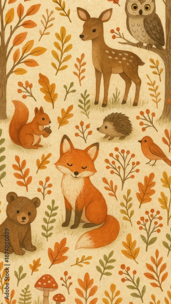 Obraz premium Woodland creatures autumn mobile wallpaper