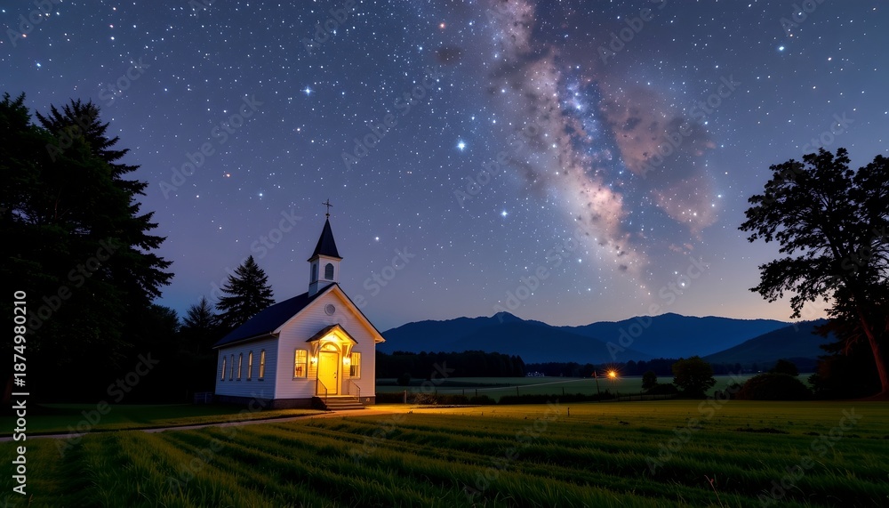 Fototapeta premium Serene Night the Illuminated Chapel Under Starry Sky