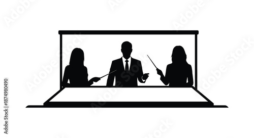 A black and white depiction of a panel discussion or presentation within a laptop screen silhouette