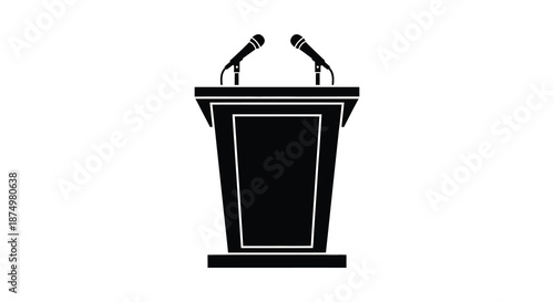 A black podium with two microphones stands prominently against a stark white background silhouette