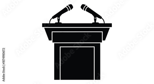 A black silhouette of a podium with two microphones ready for a speaker silhouette