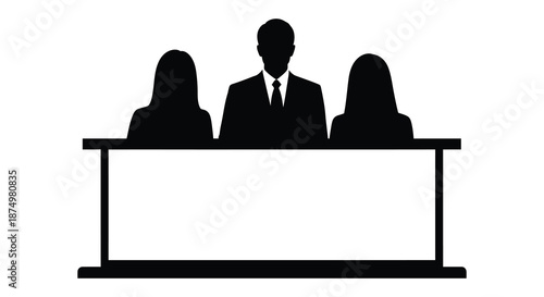 a panel of three people sits behind a table depicted in a dark silhouette