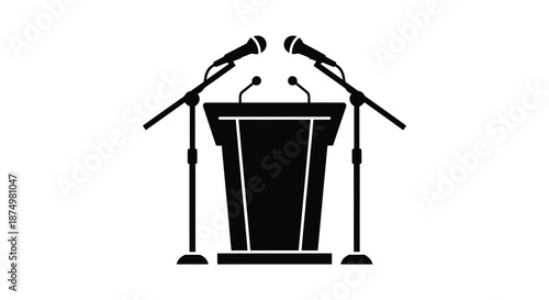 A black silhouette of a podium with two microphones representing public speaking and events silhouette